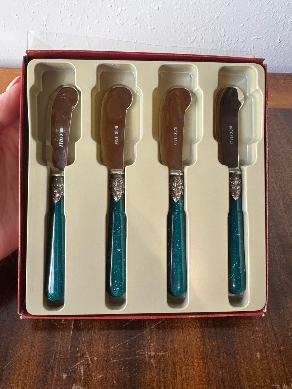 Vintage INOX Italy EME Teal Venato Cheese Spreader Set of 4